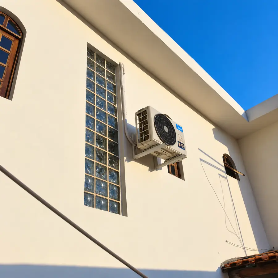 Condensadora de ar-condicionado instalada na parede externa de uma casa