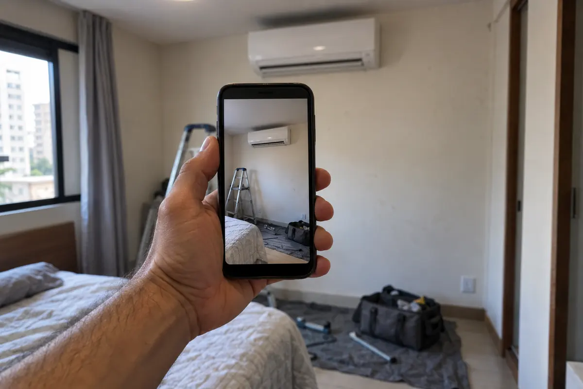 Mão segurando o celular e fotografando o ar-condicionado instalado na parede
