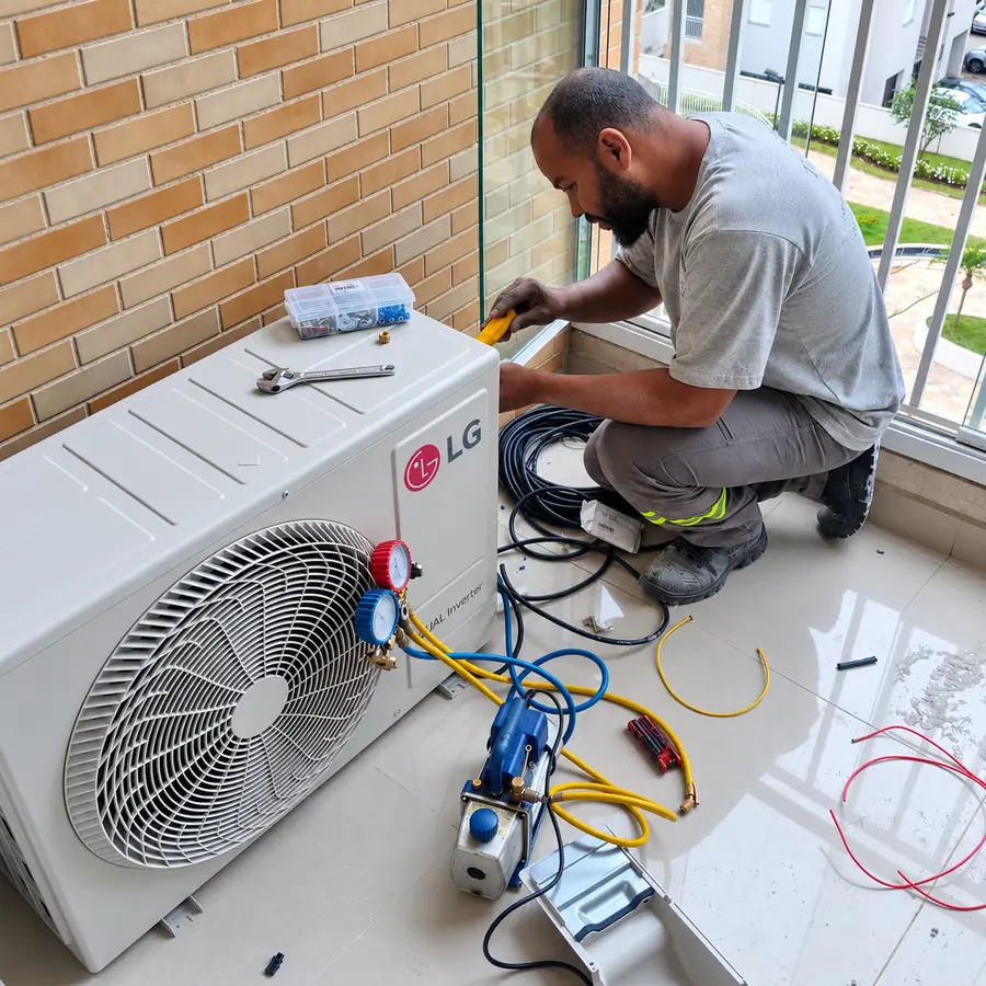 Técnico com manifold e bomba de vácuo na condensadora de um ar-condicionado, em uma varanda